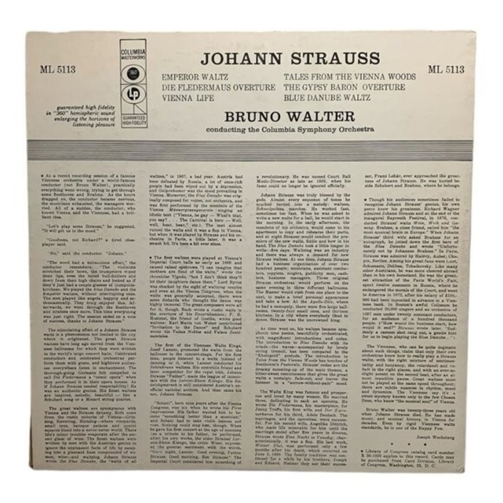 Johann Strauss Waltzes Overtures Bruno Walter Columbia Symphony Orchestra LP NM - Picture 2 of 2